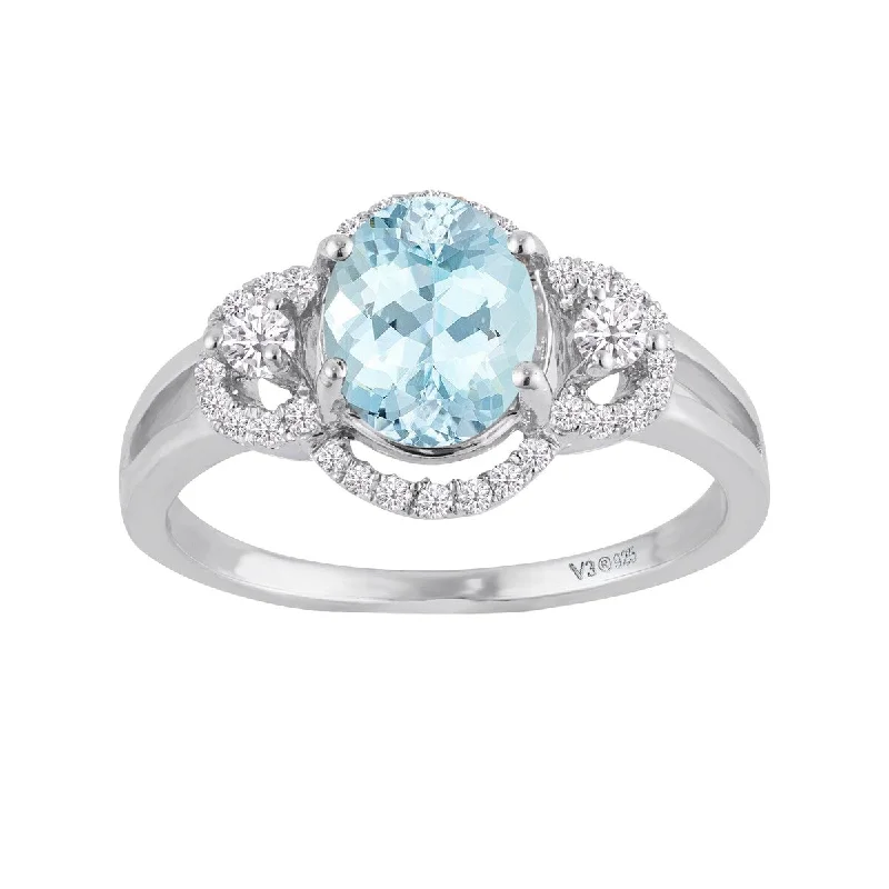 Women’s gemstone wedding ring-Sterling Silver with Natural Aquamarine and White Zircon Halo Ring