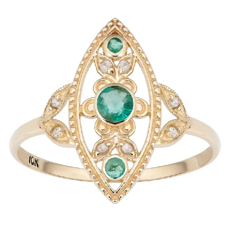 Women’s vintage gold ring-Viducci 10k Yellow Gold Vintage Style Genuine Emerald and Diamond Ring