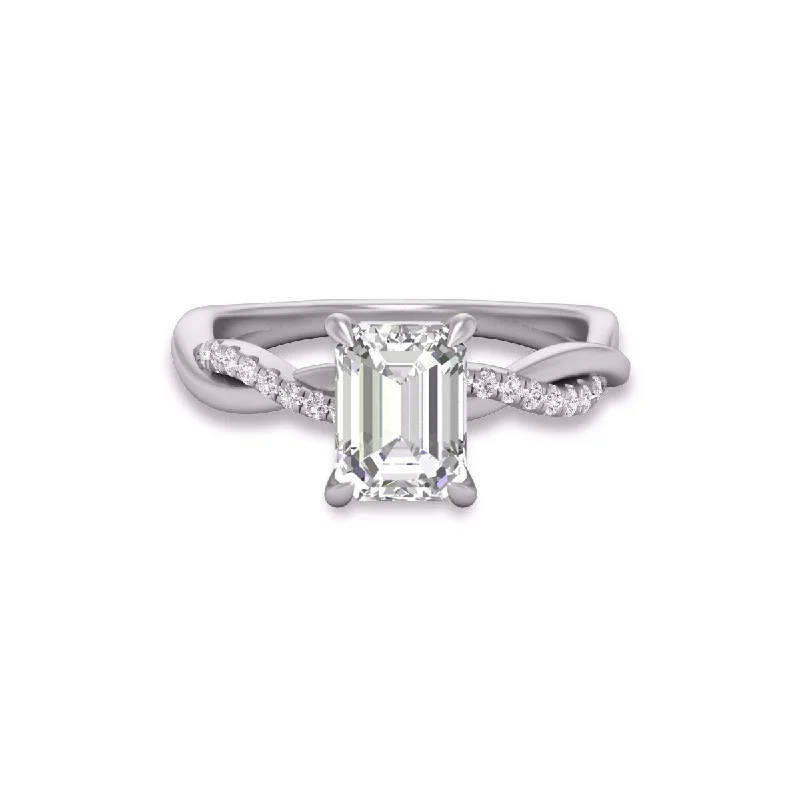 Women’s rose gold solitaire ring-Marquee Agatha Twisted Pave Ring with IGI Certified 2.50 Carat Lab-Grown Emerald Cut Diamond in 14K White Gold