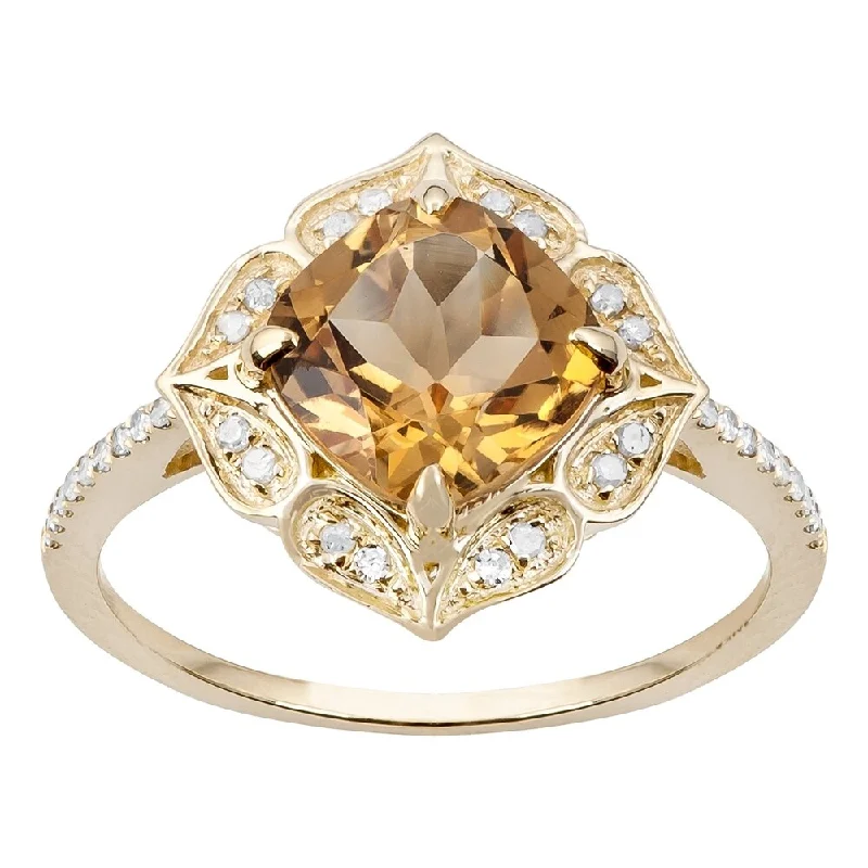 Women’s contemporary ring-Viducci 10k Yellow Gold Vintage Style Cushion Citrine and Diamond Ring