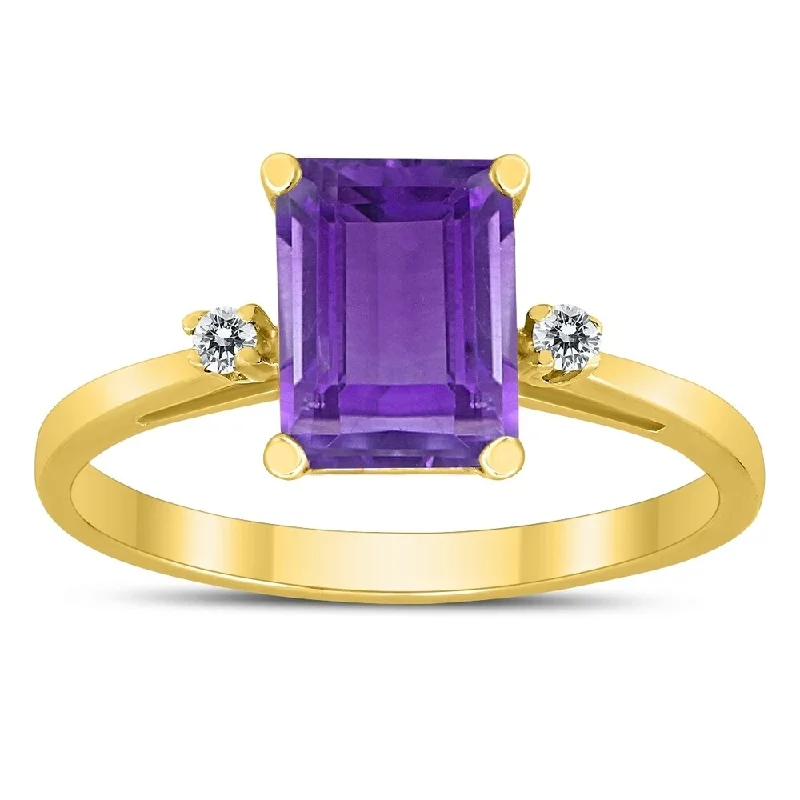 Women’s pearl ring-Emerald Cut 8X6MM Amethyst and Diamond Three Stone Ring in 10K Yellow Gold