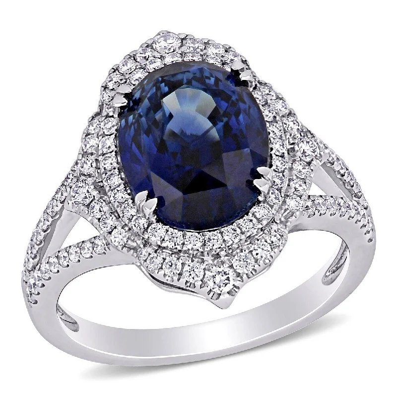 Women’s two-tone ring-Miadora 6ct TGW Sapphire 3/5ct TW Diamond Halo Split Shank Cocktail Ring in 14k White Gold