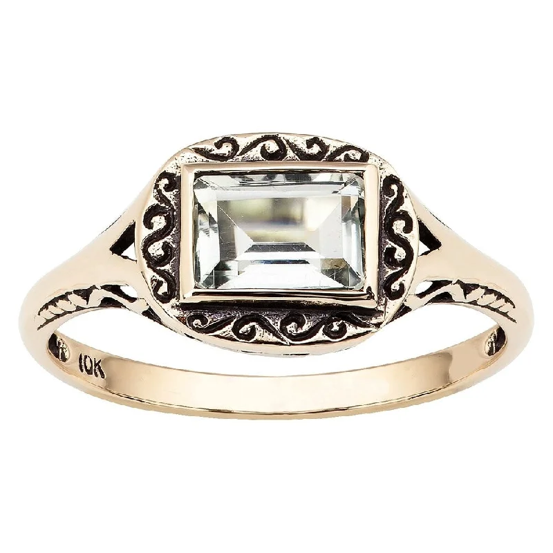 Women’s open ring-Viducci 10k Yellow Gold Vintage Style Green Amethyst Scroll Ring