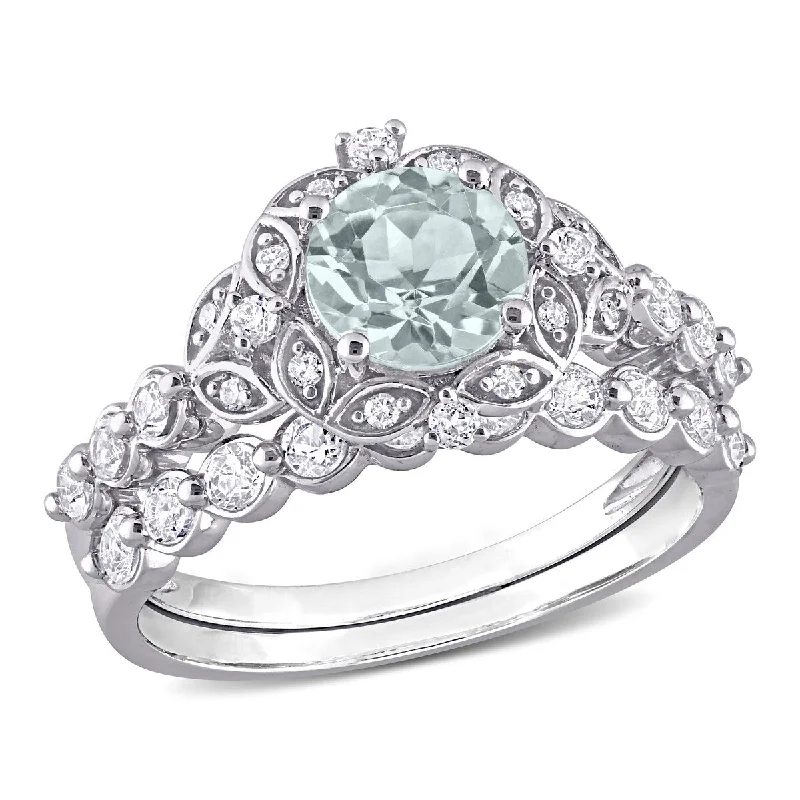 Women’s pear-shaped diamond ring-Miadora 1 4/5ct TGW Aquamarine White Topaz Diamond Accents Vintage Bridal Ring Set in 10k White Gold