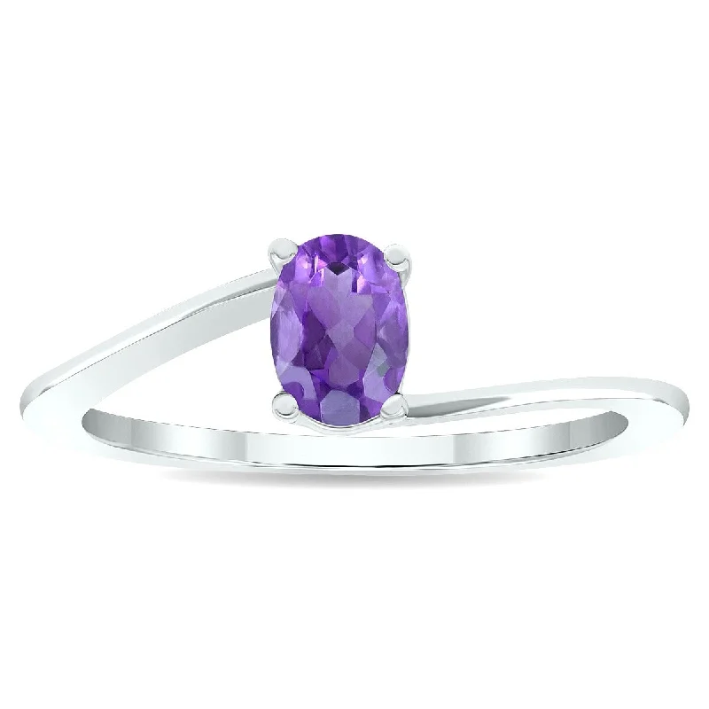 Women’s adjustable band ring-Women's Solitaire Amethyst Wave Ring in 10K White Gold