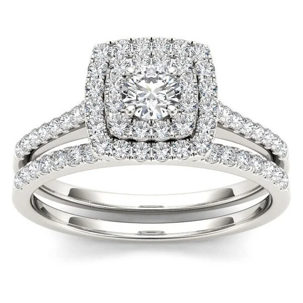 Women’s unique diamond ring-De Couer IGI Certified 10k Gold 3/4ct TDW Diamond Double Halo Bridal Ring Set