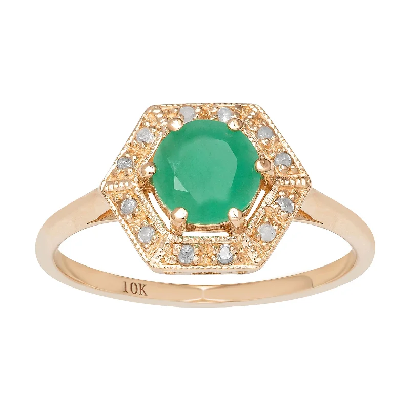 Women’s modern band ring-Viducci 10k Yellow Gold Vintage Style Genuine Round Emerald and Diamond Halo Ring