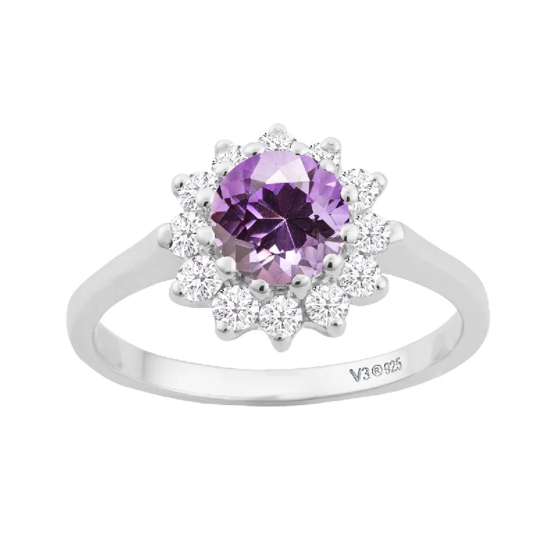 Women’s platinum ring-Sterling Silver with Natural Amethyst and White Topaz Halo Ring