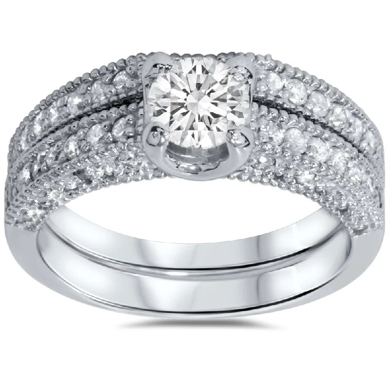 Women’s thick band ring-14k White Gold Vintage 1 1/10ct Pave-set White Diamond Bridal Ring Set