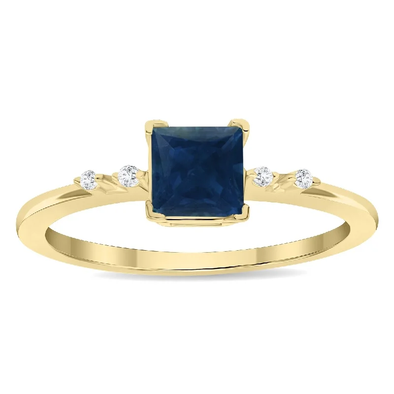 Women’s classic wedding ring-Women's Square Shaped Sapphire and Diamond Sparkle Ring in 10K Yellow Gold