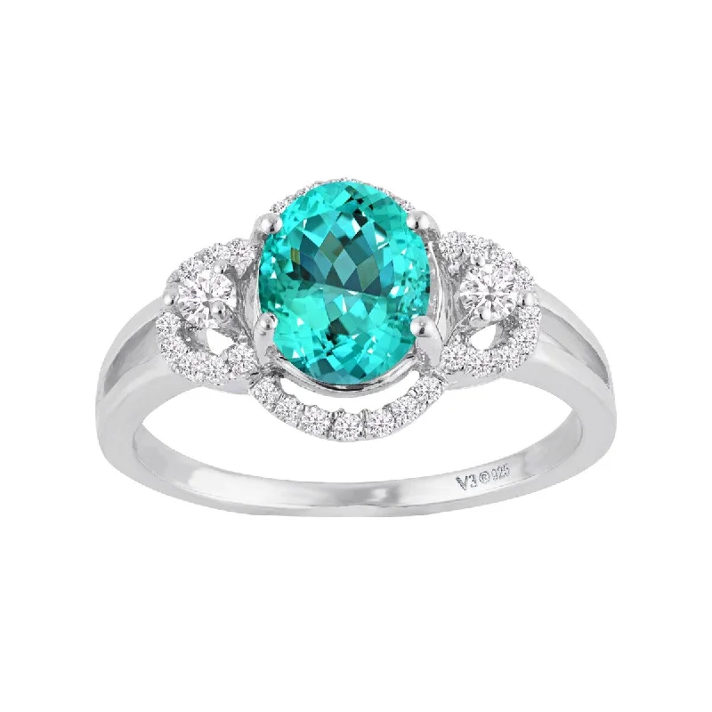 Women’s solitaire gold ring-Sterling Silver with Paraiba Tourmaline and White Zircon Ring