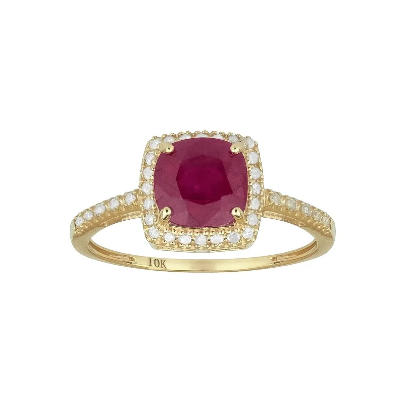 Women’s adjustable gemstone ring-Viducci 10k Yellow Gold Genuine Cushion-cut Ruby and Diamond Halo Ring