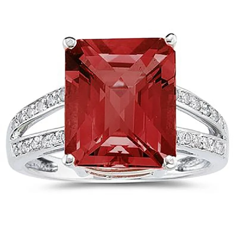 Women’s statement cocktail ring-7 Carat Emerald Cut Garnet and Diamond Ring 10k White Gold