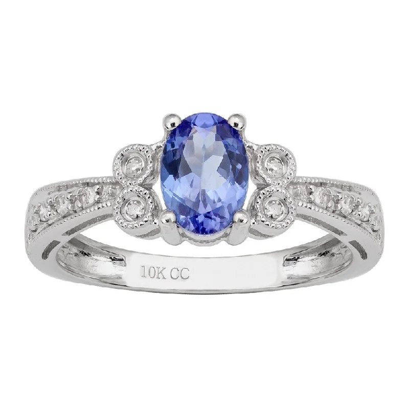 Women’s vintage gold ring-Viducci 10k White Gold Vintage Style Oval Tanzanite and Diamond Ring