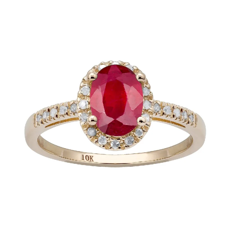 Women’s promise ring-Viducci 10k Yellow Gold Ruby and 1/8ct Diamond Halo Ring (G-H, I1-I2)