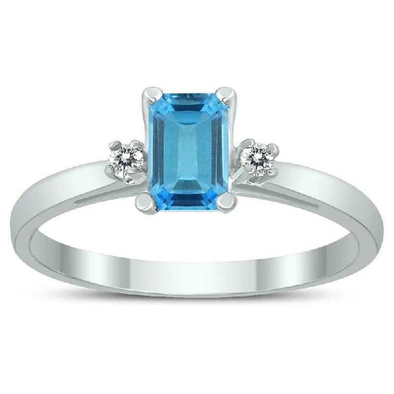 Women’s simple band ring-Emerald Cut 6X4MM Blue Topaz and Diamond Three Stone Ring in 10K White Gold