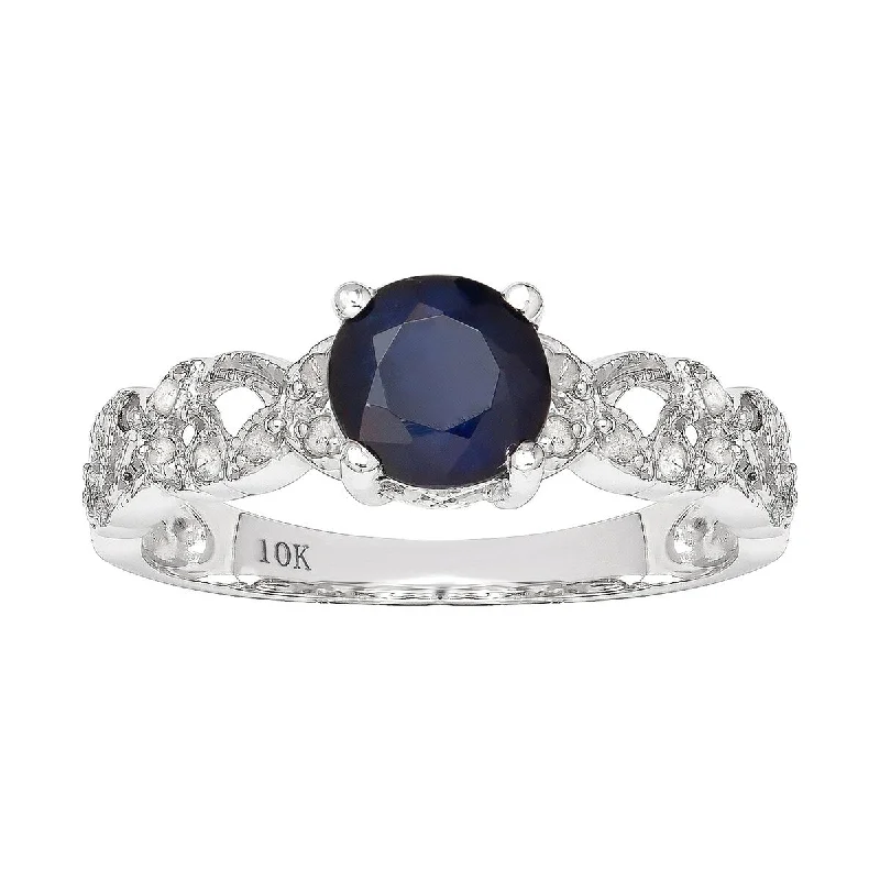 Women’s gemstone engagement ring-Viducci 10k White Gold Vintage Style Genuine Round Sapphire and Diamond Filigree Ring