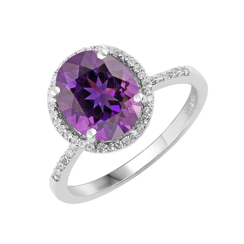 Women’s bold ring-Sterling Silver with Natural Amethyst and White Topaz Halo Ring