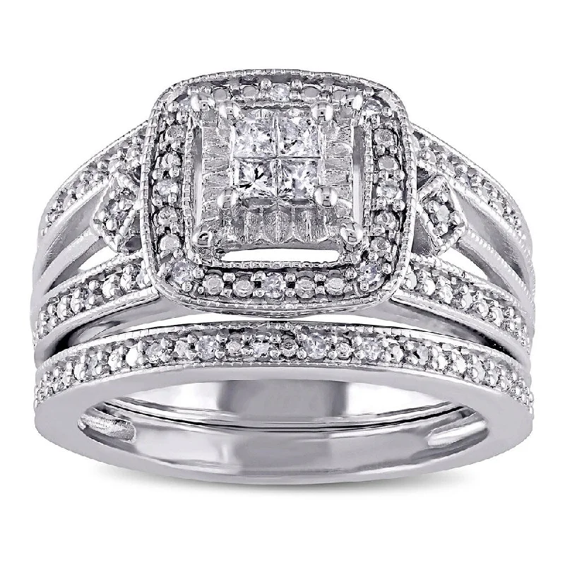 Women’s twisted band ring-Miadora Sterling Silver 1/4ct TDW Princess-cut Diamond Bridal Ring Set