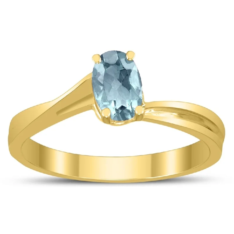 Women’s gold ring-Solitaire Oval 6X4MM Aquamarine Gemstone Twist Ring in 10K Yellow Gold