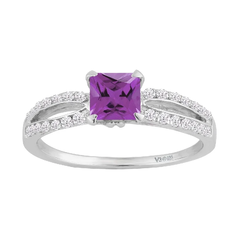 Women’s silver statement ring-Sterling Silver with Natural Amethyst and White Diamond Solitaire Ring