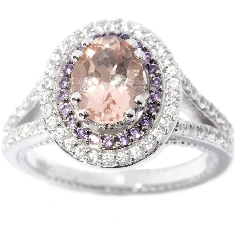 Women’s diamond ring-Sterling Silver Morganite, Amethyst, White Zircon Double Halo Ring