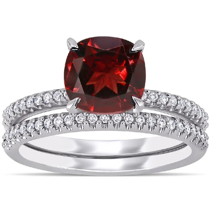 Women’s birthstone wedding ring-Miadora 14k White Gold Garnet and 1/4ct TDW Diamond Bridal Ring Set