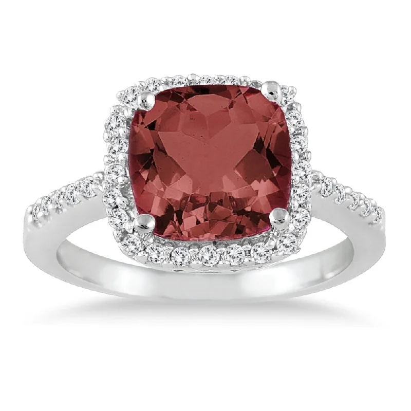 Women’s pinky ring-2 1/2 Carat Cushion Cut Garnet and Diamond Ring 14K White Gold