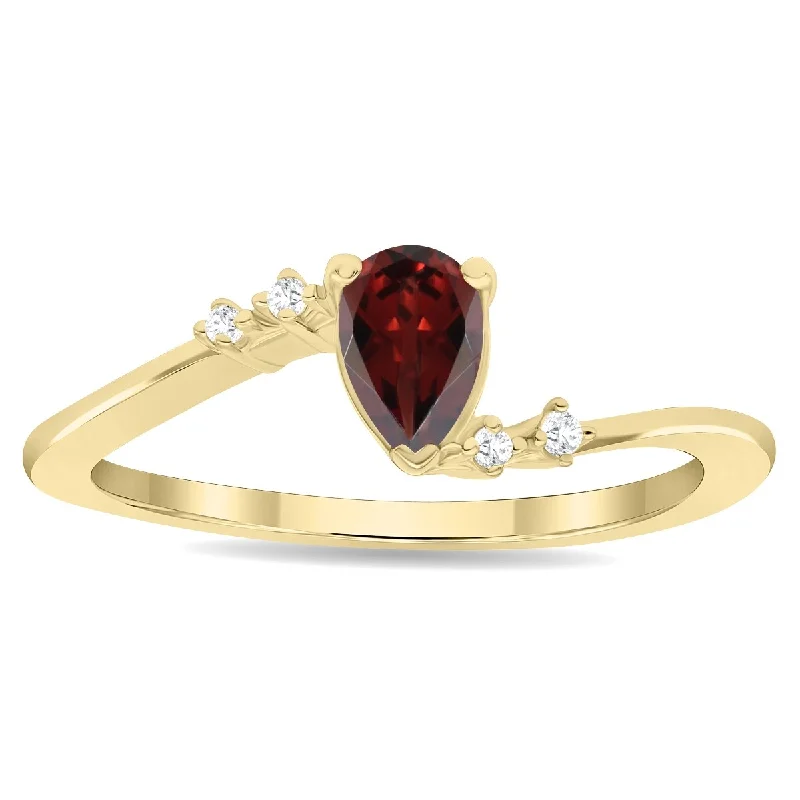 Women’s gemstone engagement ring-Women's Pear Shaped Garnet and Diamond Wave Ring in 10K Yellow Gold