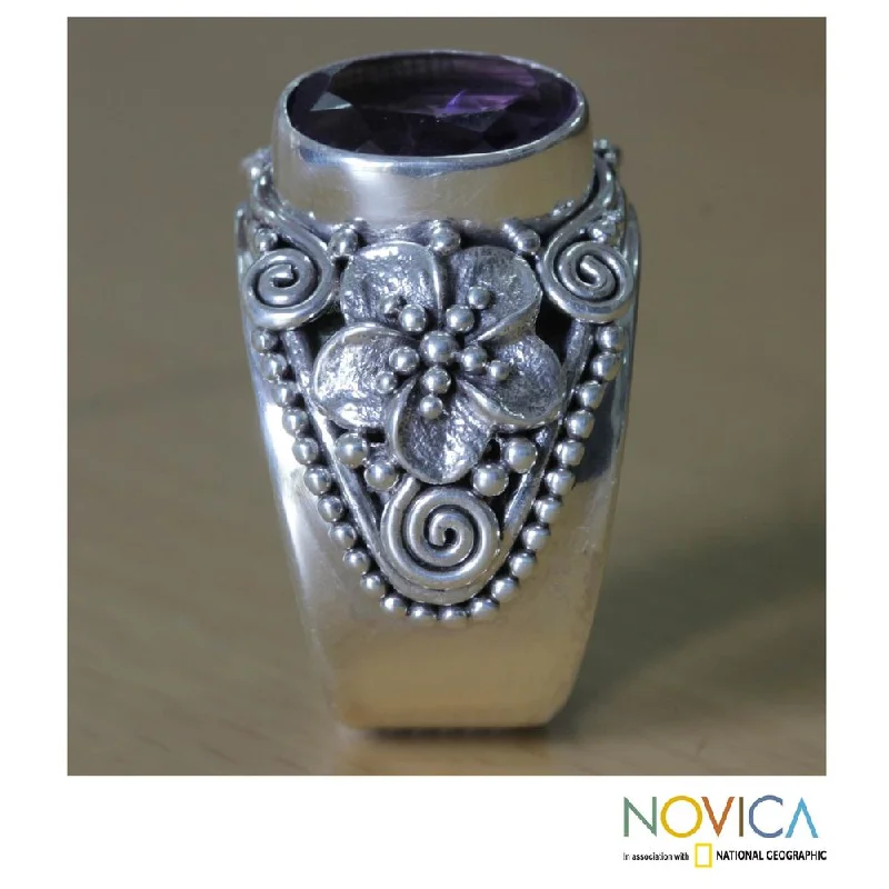 Women’s ring set-Handmade Sterling Silver 'Lilac Frangipani' Amethyst Cocktail Ring (Indonesia)