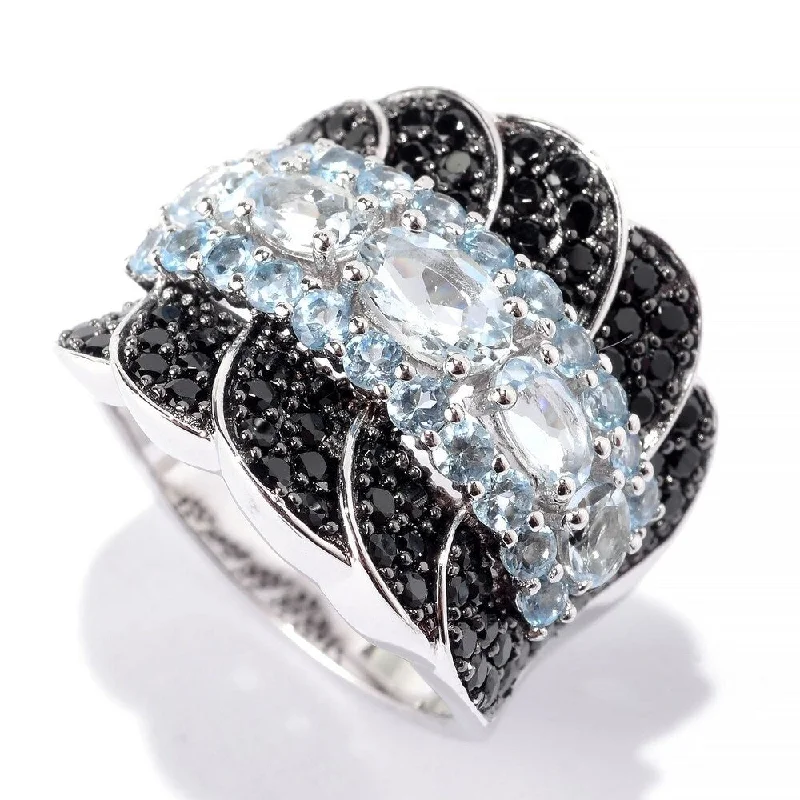 Women’s vintage silver ring-925 Sterling Silver Black Spinel,Aquamarine,Swiss Blue Topaz Ring