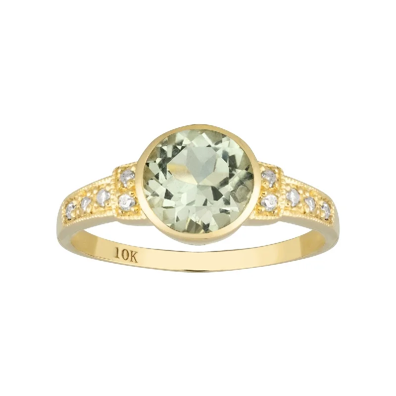 Women’s wide band ring-Viducci 10k Yellow Gold Vintage Style Genuine Round Green Amethyst and Diamond Ring