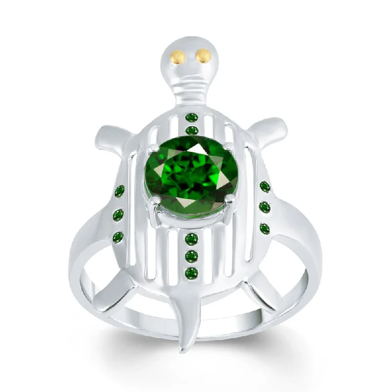 Women’s band ring-Sterling Silver 1.25ct Created Emerald and Green Diamond Turtle Ring