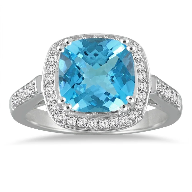 Women’s classic solitaire ring-3 1/2 Carat Cushion Cut Blue Topaz and Diamond Ring in 14K White Gold