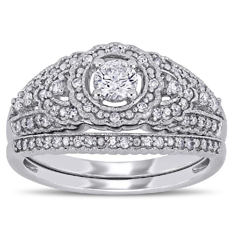 Women’s fashion ring-Miadora 10k White Gold 1/2ct TDW Diamond Floral Halo Bridal Ring Set