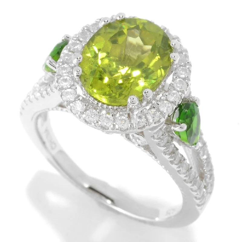 Women’s adjustable gemstone ring-Sterling Silver Peridot, Chrome Diopside & White Zircon Ring SZ 10 - Green