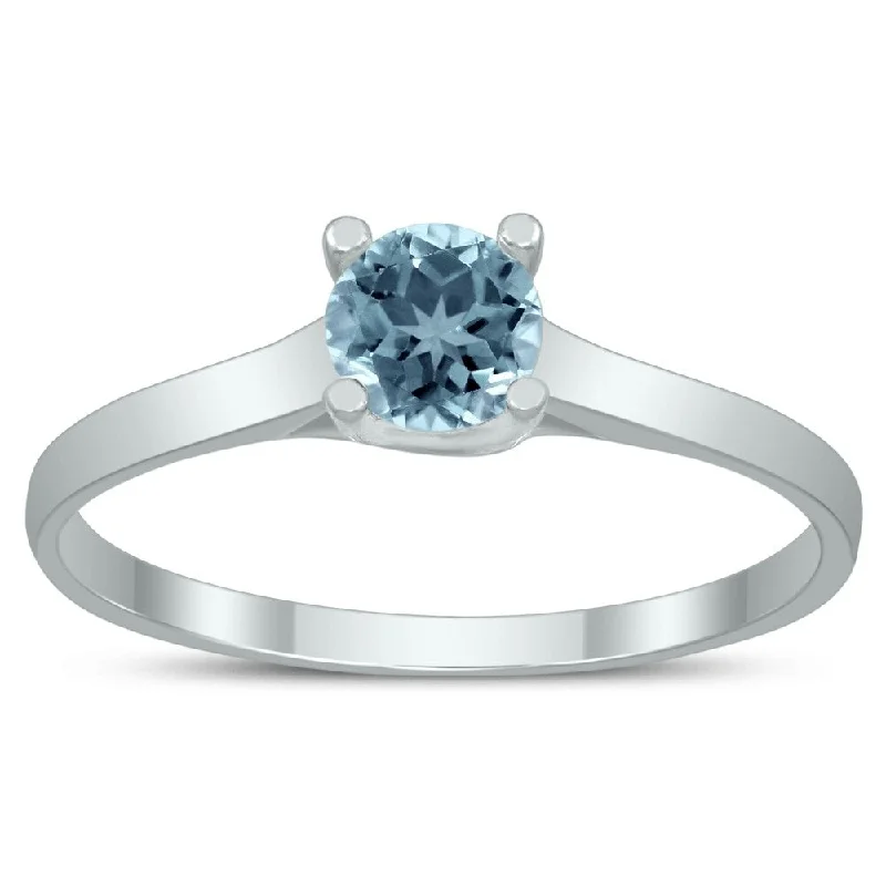 Women’s unique diamond ring-Round 4MM Aquamarine Cathedral Solitaire Ring in 10K White Gold