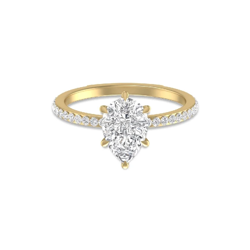 Women’s cocktail ring-Marquee 14K Yellow Gold Hidden Halo Cleo Ring with IGI Certified 2 Carat Center Pear Shape Lab-Grown Diamond