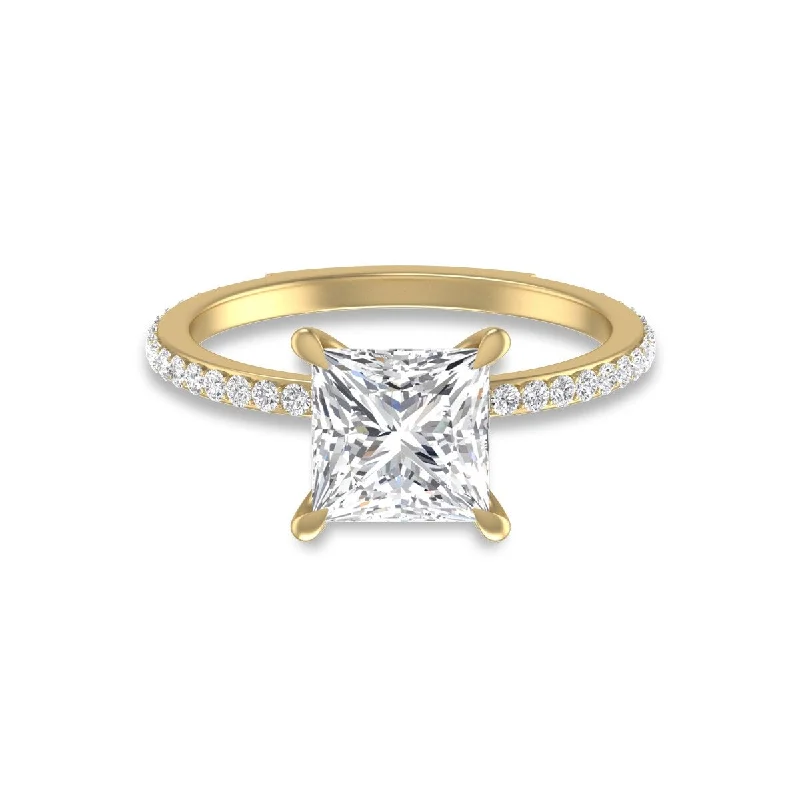 Women’s ring set-Marquee 14K Yellow Gold Hidden Halo Cleo Ring with IGI Certified 2 Carat Center Princess Cut Lab-Grown Diamond