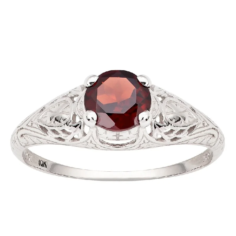 Women’s stackable rings-Viducci 10k White Gold Vintage Style Genuine Garnet Scroll Ring