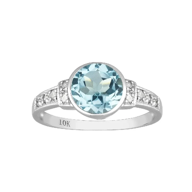 Women’s ruby ring-Viducci 10k White Gold Vintage Style Genuine Round Blue Topaz and Diamond Ring