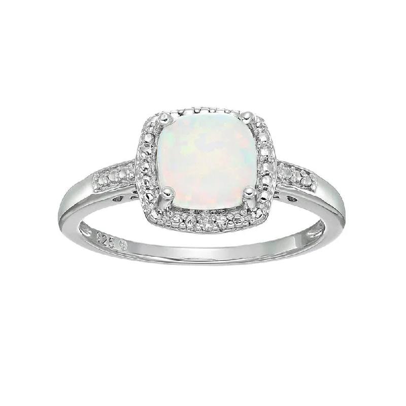 Women’s wide band ring-Sterling Silver Cushion Created Opal & Diamond Ring