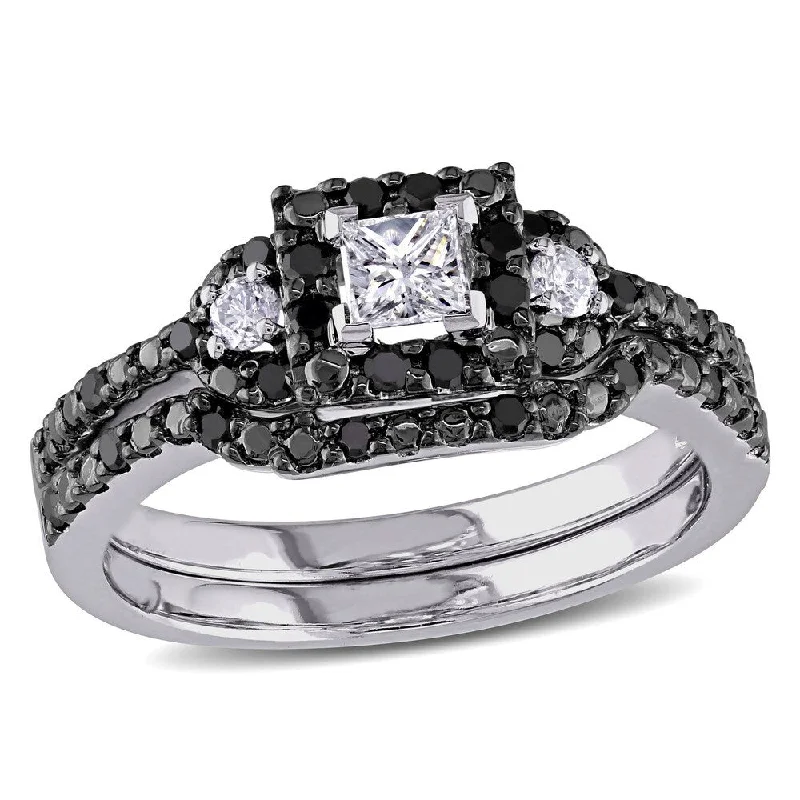 Women’s silver ring-Miadora 10k White Gold 1/2ct TDW Princess and Round-cut Black and White Diamond Halo Bridal Ring Set