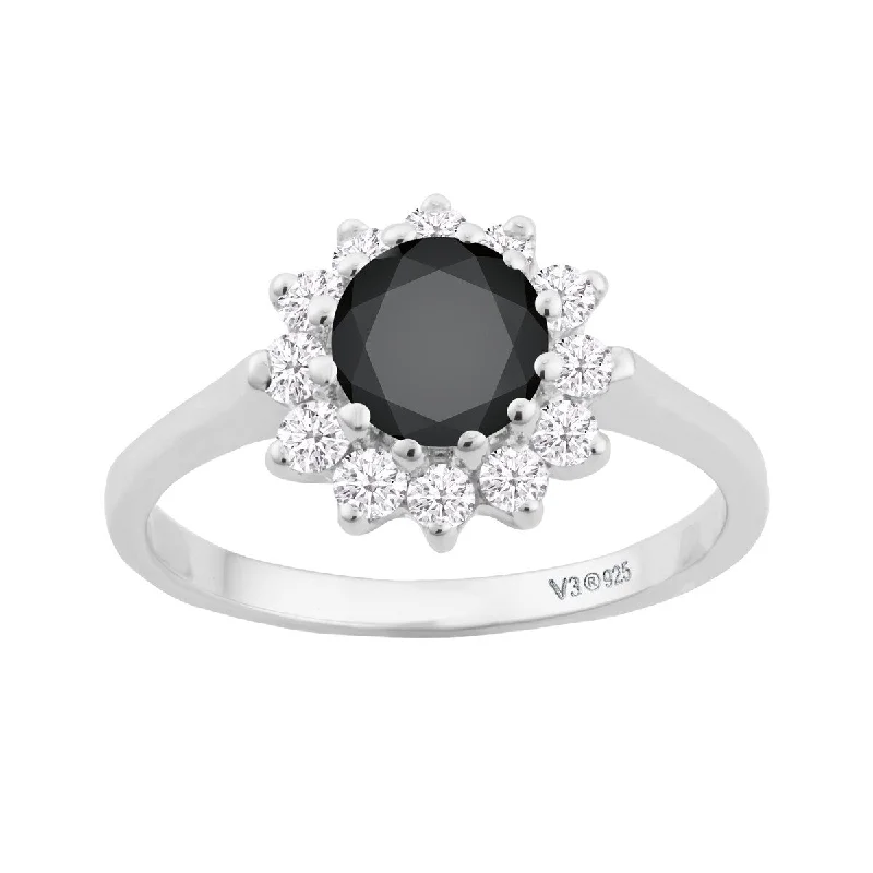 Women’s mixed-metal ring-Sterling Silver with Natural Black Spinel and White Topaz Halo Ring