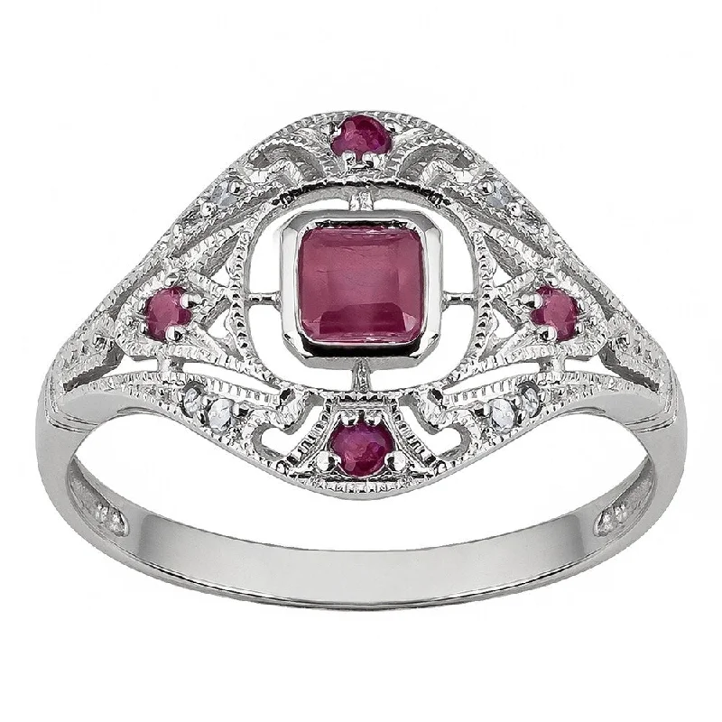 Women’s stackable gold rings-Viducci 10k White Gold Vintage Style Genuine Ruby and Diamond Ring - Red