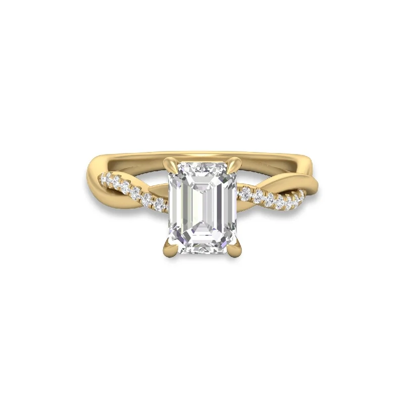 Women’s chunky ring-Marquee Agatha Twisted Pave Ring with IGI Certified 3 Carat Lab-Grown Emerald Cut Diamond in 14K Yellow Gold