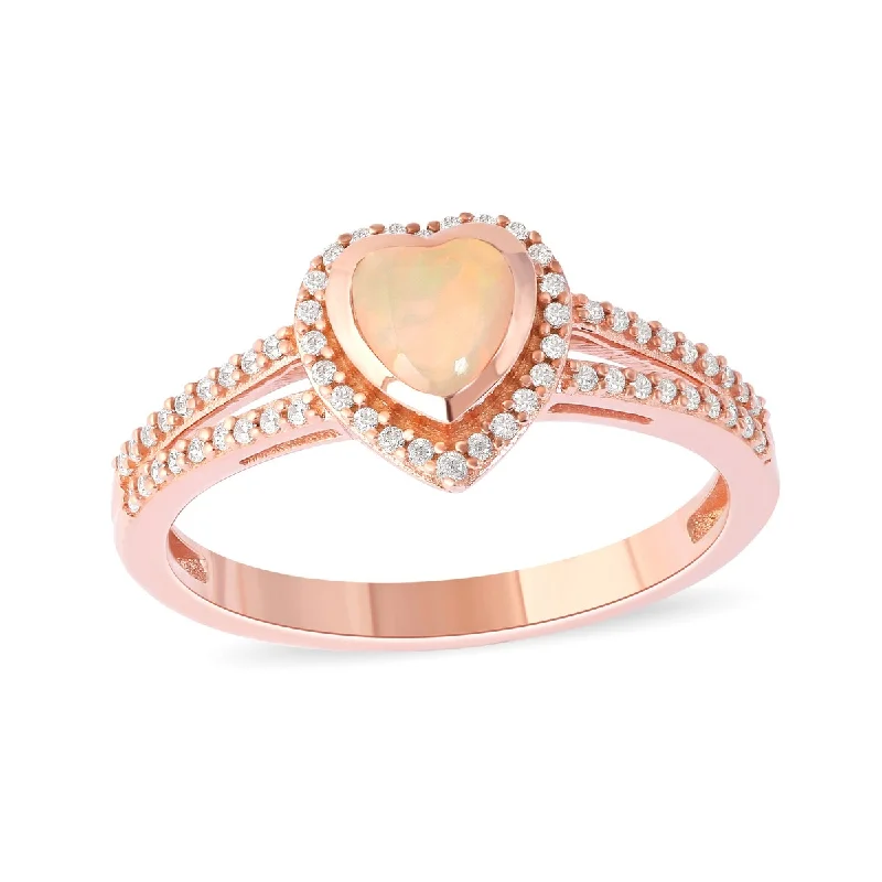 Women’s emerald ring-Opal Gemstone 1/5ct TDW Diamond Halo Ring in 10k Rose Gold