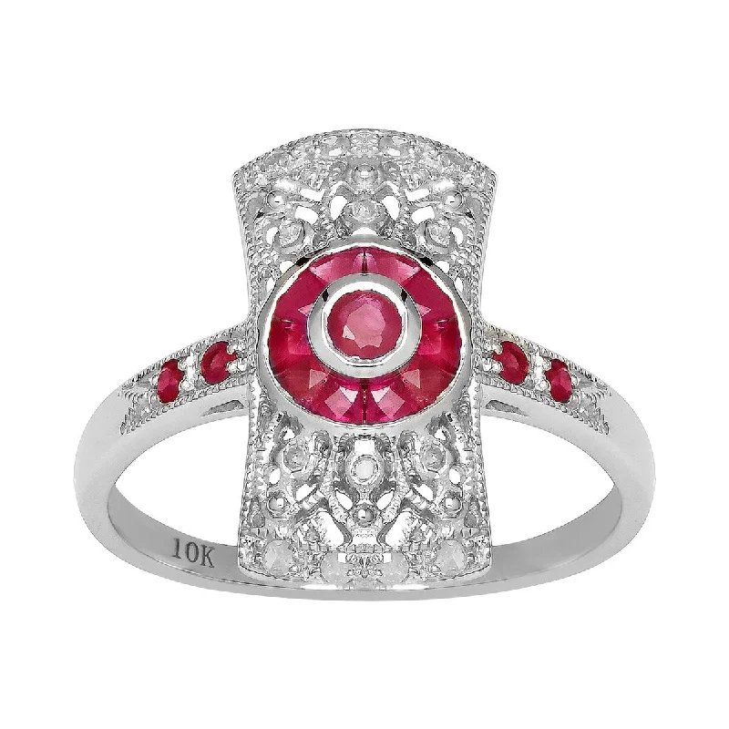 Women’s designer ring-Viducci 10k White Gold Antique Vintage Style Genuine Ruby and Diamond Ring