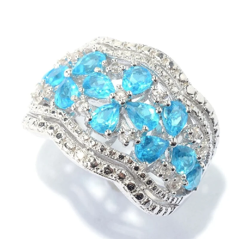 Women’s adjustable ring-Apatite & White Zircon Floral Scalloped Wide Band Ring