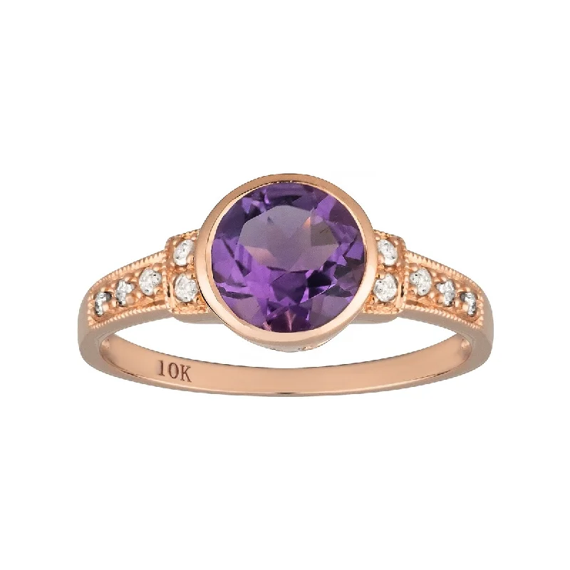 Women’s emerald-cut diamond ring-Viducci 10k Rose Gold Vintage Style Genuine Round Amethyst and Diamond Ring